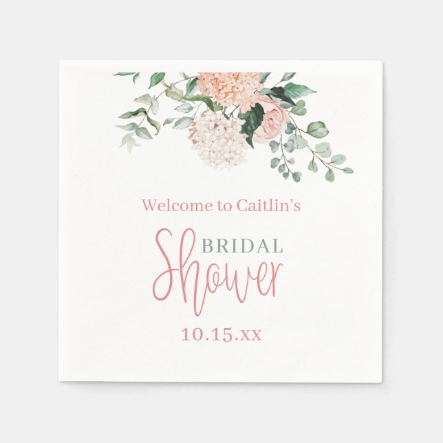 Pink Floral Hydrangea Eucalyptus Bridal Shower Napkins (Front)