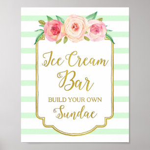 Pink Floral Ice Cream Bar Sign Gold Mint Stripes