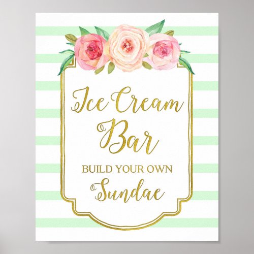 Pink Floral Ice Cream Bar Sign Gold Mint Stripes