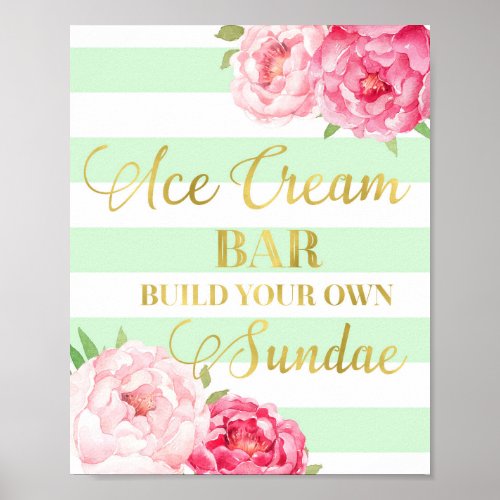 Pink Floral Ice Cream Bar Sign Gold Mint Stripes