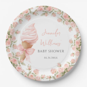 Pink Floral Ice Cream Summer Baby Girl Shower Paper Plates