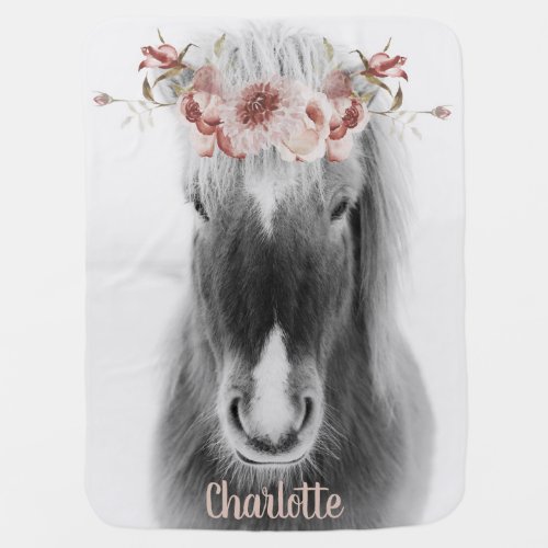 Pink Floral Icelandic Horse Personalized Name Baby Blanket