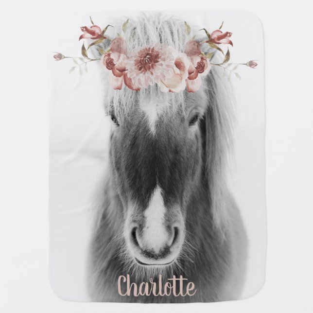 Pink Floral Icelandic Horse Personalized Name Baby Blanket (Front)