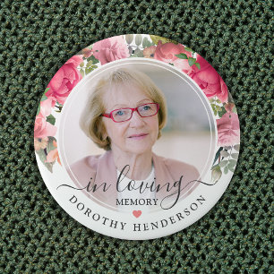 Pink Floral In Loving Memory Photo Memorial Button
