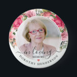 Pink Floral In Loving Memory Photo Memorial Button<br><div class="desc">The perfect tribute button for friends and family to wear at a funeral or memorial service with an image of your loved one and the words "in loving memory" and their name. The design features a pink watercolor floral design and calligraphy script.</div>