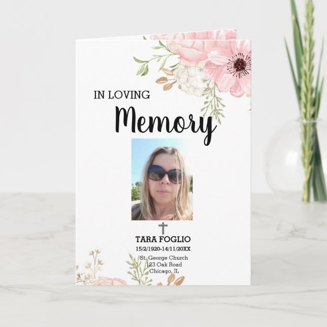 Pink Floral In loving memory program funeral  (Front)
