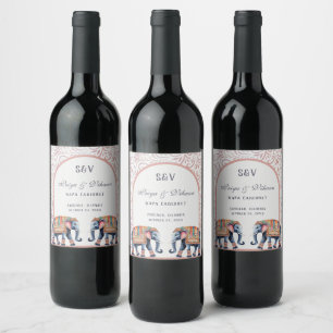 Pink Floral Indian Elephant Monogram Wedding Wine Label