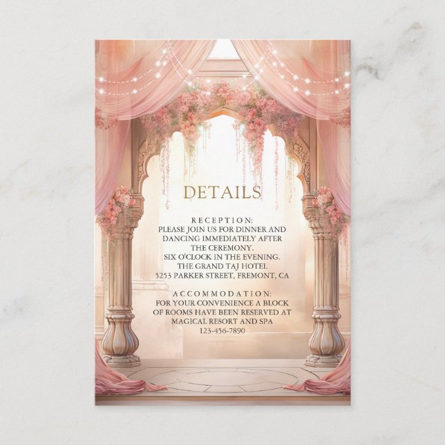 Pink Floral Indian Mandap Hindu Wedding Details Enclosure Card (Front)