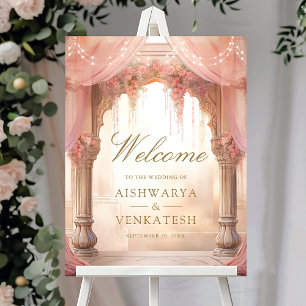 Pink Floral Indian Mandap Wedding Welcome Sign