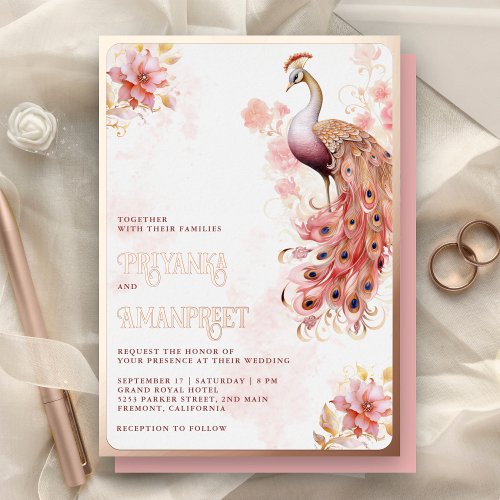 Pink Floral Indian Peacock Wedding Rose Gold Foil Invitation