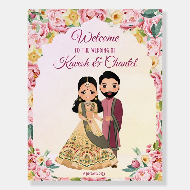 Pink floral Indian wedding with Indian couple  Foam Board (Front)