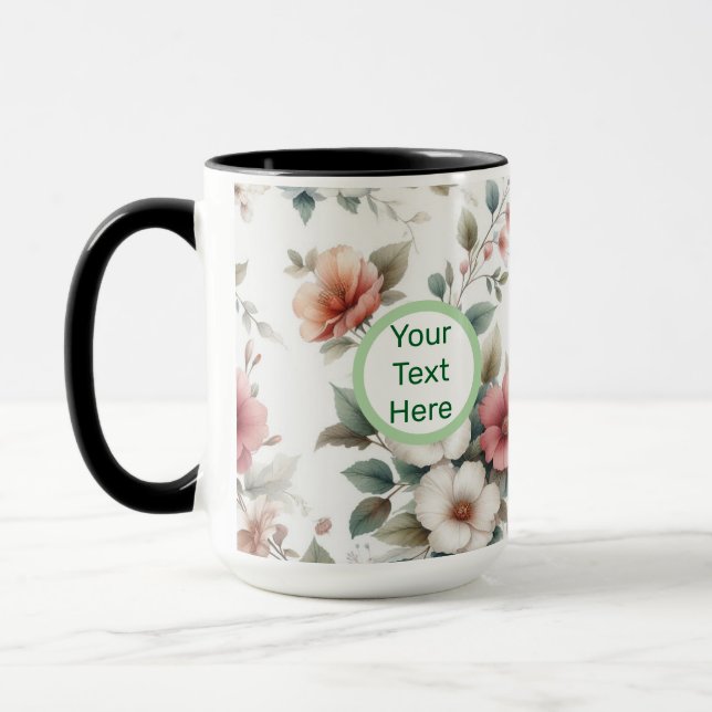 Pink Floral Initial Customizable Coffee Mug Cup (Left)