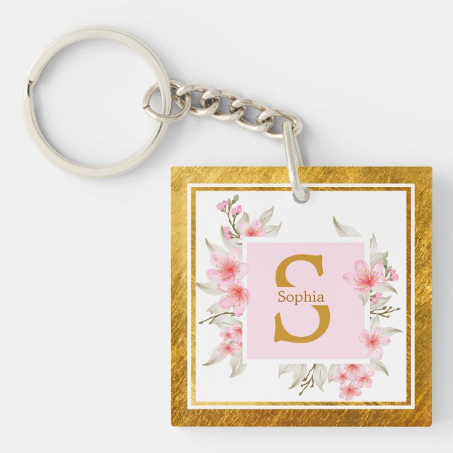 Pink Floral Initial | Elegant Blossom Monogram Keychain (Front)