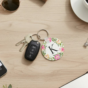 Pink Floral Initial Keychain