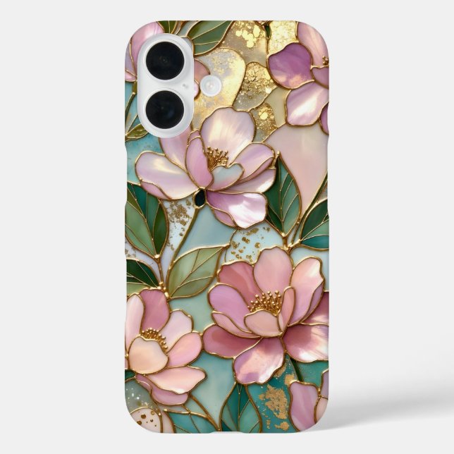 Pink Floral iPhone Case Stained Glass Gold Design (Back)