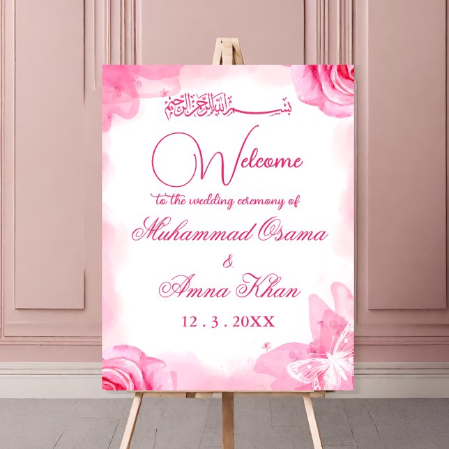 Pink Floral Islamic Muslim Wedding Welcome Sign (Creator Uploaded)