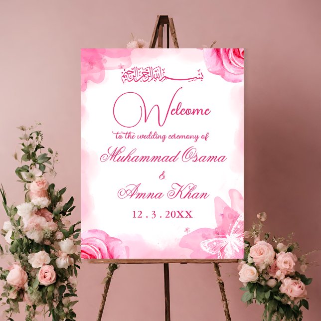 Pink Floral Islamic Muslim Wedding Welcome Sign (Creator Uploaded)