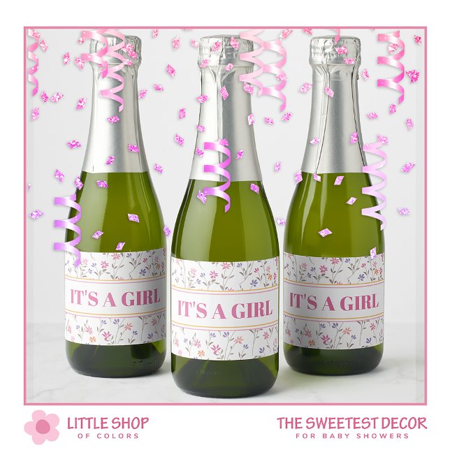 Pink Floral It’s a Girl Baby Shower Sparkling Wine Label (Creator Uploaded)