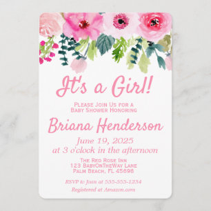 Pink Floral It's a Girl Baby Shower Invitation