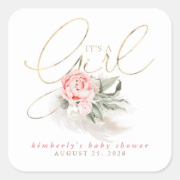 Pink Floral It&#39;s A Girl Baby Shower Square Sticker