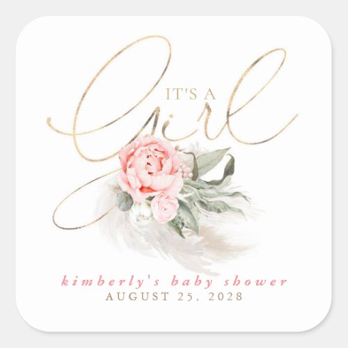 Pink Floral Its A Girl Baby Shower Square Sticker