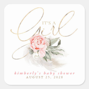 Pink Floral It's A Girl Baby Shower Square Sticker