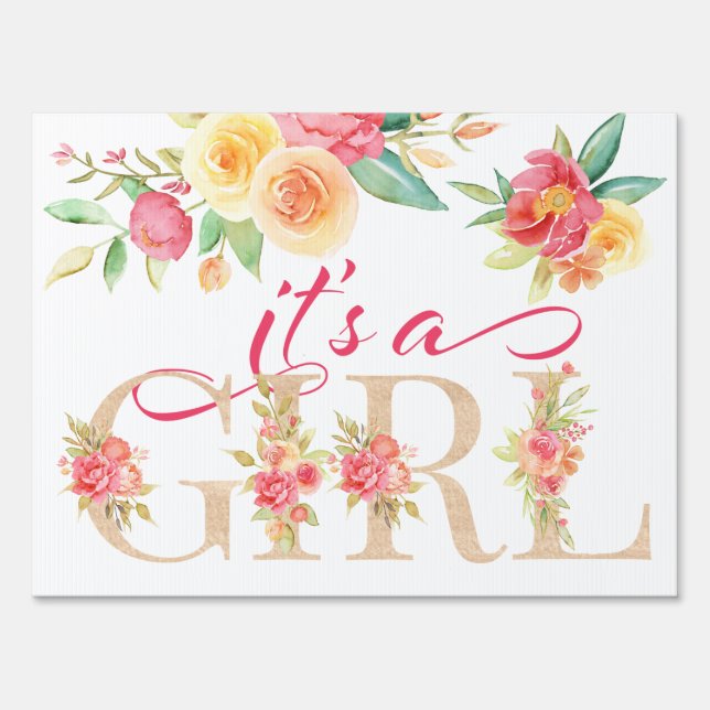 Pink Floral It's a Girl Baby Shower Yard Sign (Front)