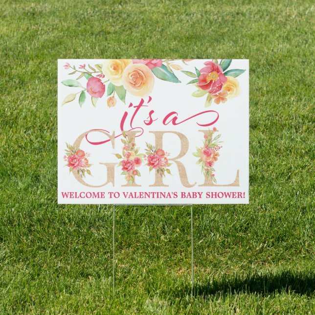 Pink Floral It's a Girl Baby Shower Yard Sign (Insitu)