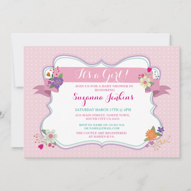 Pink Floral It's a Girl / Twins Baby Shower Invite (Front)
