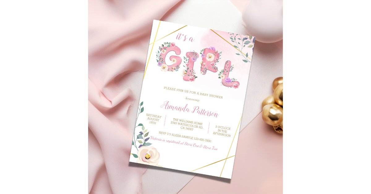Pink floral its A girl watercolor baby shower Invitation | Zazzle
