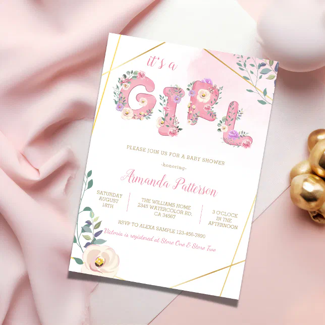 Pink floral its A girl watercolor baby shower Invitation | Zazzle