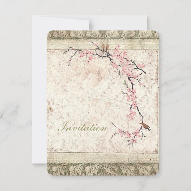 pink floral japanese cherry blossom spring wedding invitation (Front)
