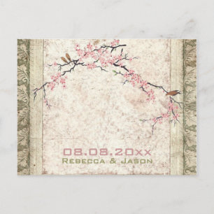 pink floral japanese cherry blossom spring wedding postcard