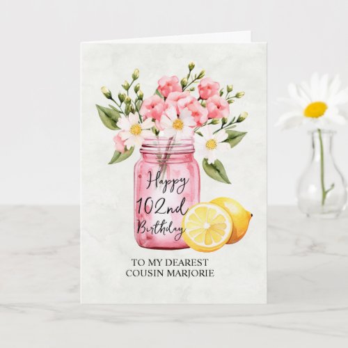 Pink Floral Jar Cousin 102nd Birthday Greeting