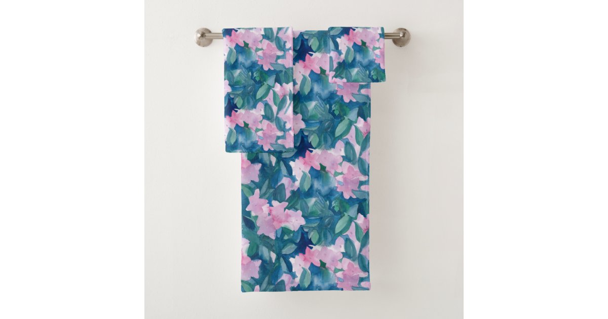 Pink Floral Jewel Tone Indigo Blue Watercolor Bath Towel Set Zazzle
