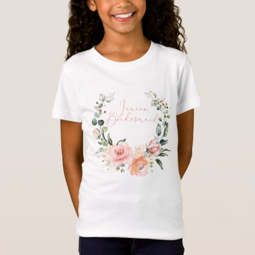 Pink Floral Jr Bridesmaid Script Watercolor Wreath T_Shirt