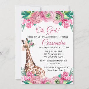Pink Floral Jungle Animal Giraffe Girl Baby Shower Invitation