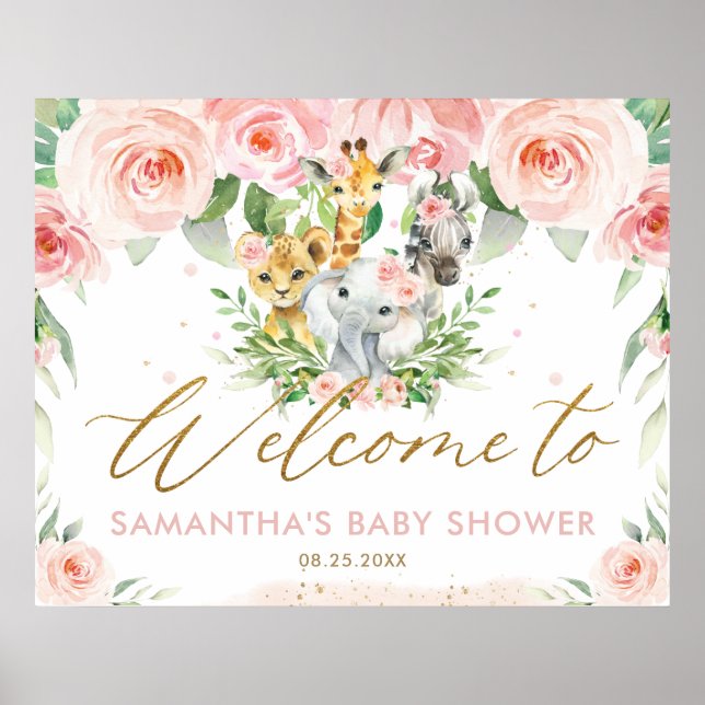 Pink Floral Jungle Animals Baby Shower Welcome  Poster (Front)