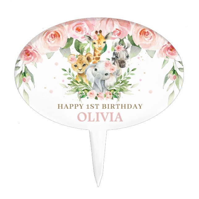 Pink Floral Jungle Animals Birthday Centerpiece Cake Topper (Front)