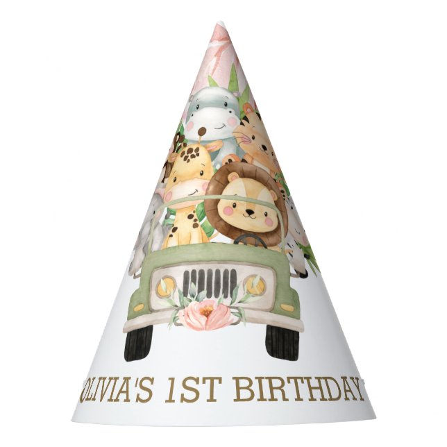 Pink Floral Jungle Animals Safari Car Birthday  Party Hat (Front)