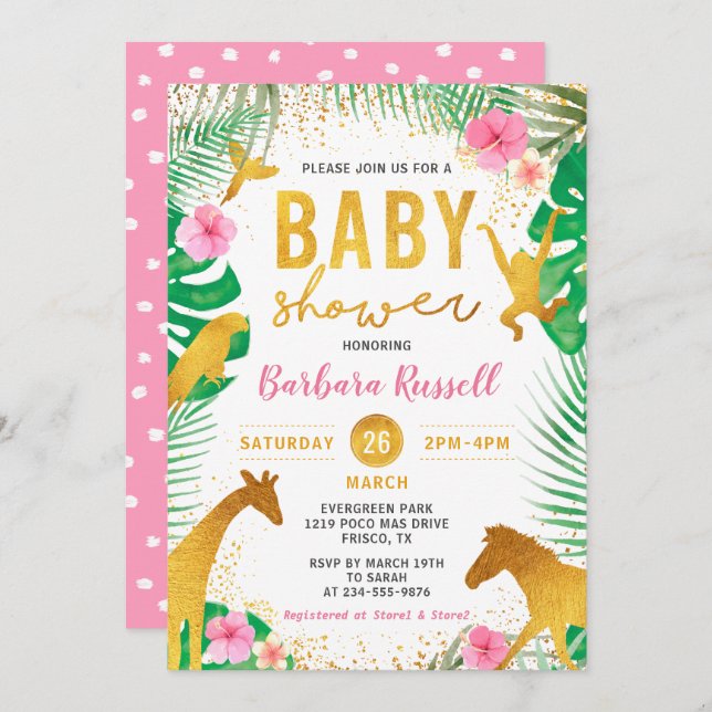 Pink Floral Jungle Animals Safari Girl Baby Shower Invitation (Front/Back)