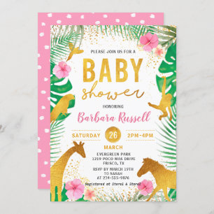 Pink Floral Jungle Animals Safari Girl Baby Shower Invitation