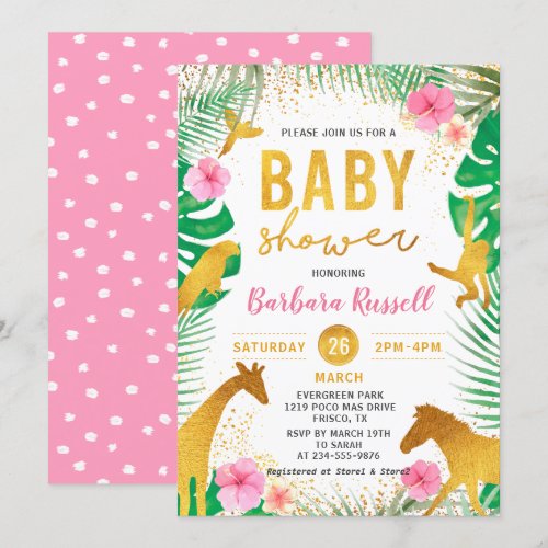 Pink Floral Jungle Animals Safari Girl Baby Shower Invitation