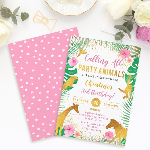 Pink Floral Jungle Animals Safari Girls Birthday Invitation