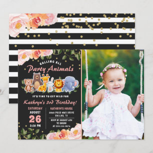 Pink Floral Jungle Party Animals Birthday Photo Invitation