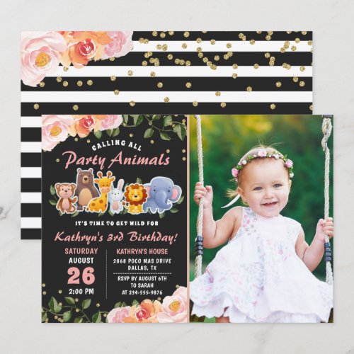 Pink Floral Jungle Party Animals Birthday Photo Invitation