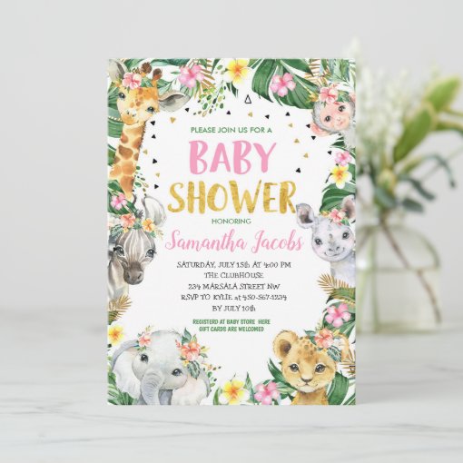 Pink Floral Jungle Safari Animals Baby Shower Invitation | Zazzle