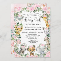 Pink Floral Jungle Safari Animals Girl Baby Shower Invitation