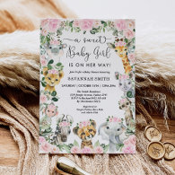 Pink Floral Jungle Safari Animals Girl Baby Shower Invitation