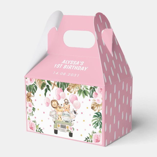 Pink Floral Jungle Safari Animals Girl Birthday Favor Boxes (Back Side)
